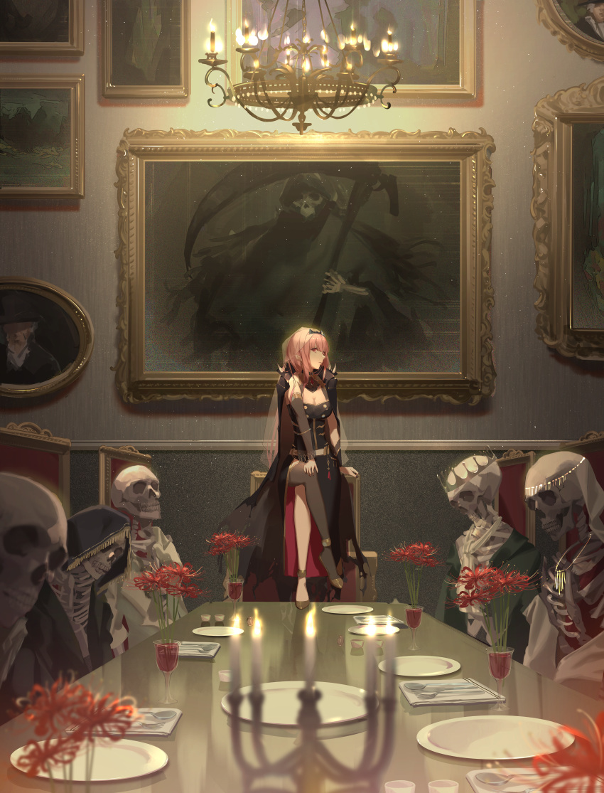 1girl absurdres bangs black_dress blunt_bangs breasts crossed_legs death_(entity) dress grim_reaper highres hololive hololive_english huge_filesize large_breasts long_hair looking_at_viewer mori_calliope oekaki_taro painting_(object) pink_eyes pink_hair red_eyes sitting skeleton smile solo spikes table throne tiara veil virtual_youtuber
