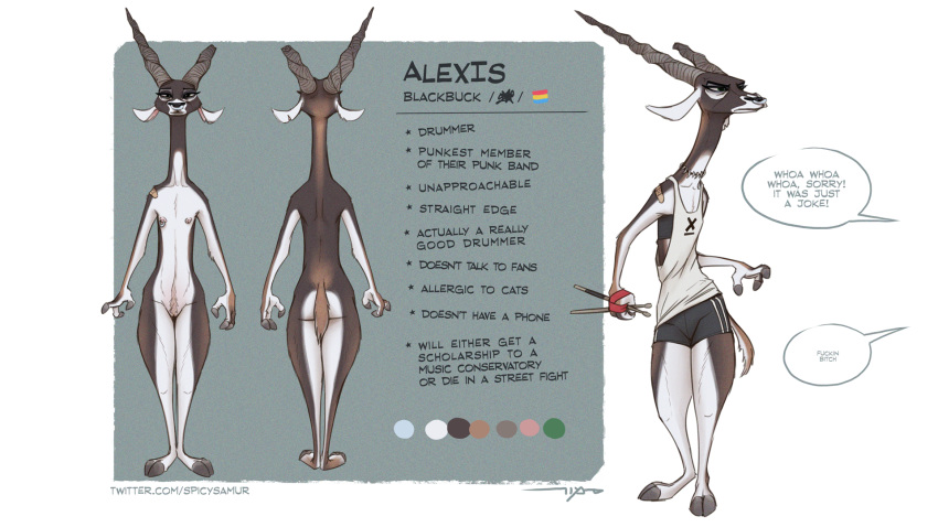 2020 alexis_(samur_shalem) antelope anthro areola band-aid bandage barefoot bovid broken_horn brown_body brown_fur choker clothed clothing color_swatch countershade_torso countershading dialogue drumstick_(musical) english_text facial_piercing fur genitals half-closed_eyes hand_wraps hi_res holding_object horn jewelry lgbt_pride mammal model_sheet narrowed_eyes necklace nipple_piercing nipple_ring nipples nose_piercing nose_ring notched_ear nude pansexual_pride_colors piercing pride_colors punk pussy samur_shalem shirt signature simple_background solo speech_bubble standing straight_edge tank_top text topwear unseen_character url white_background white_body white_countershading white_fur wraps