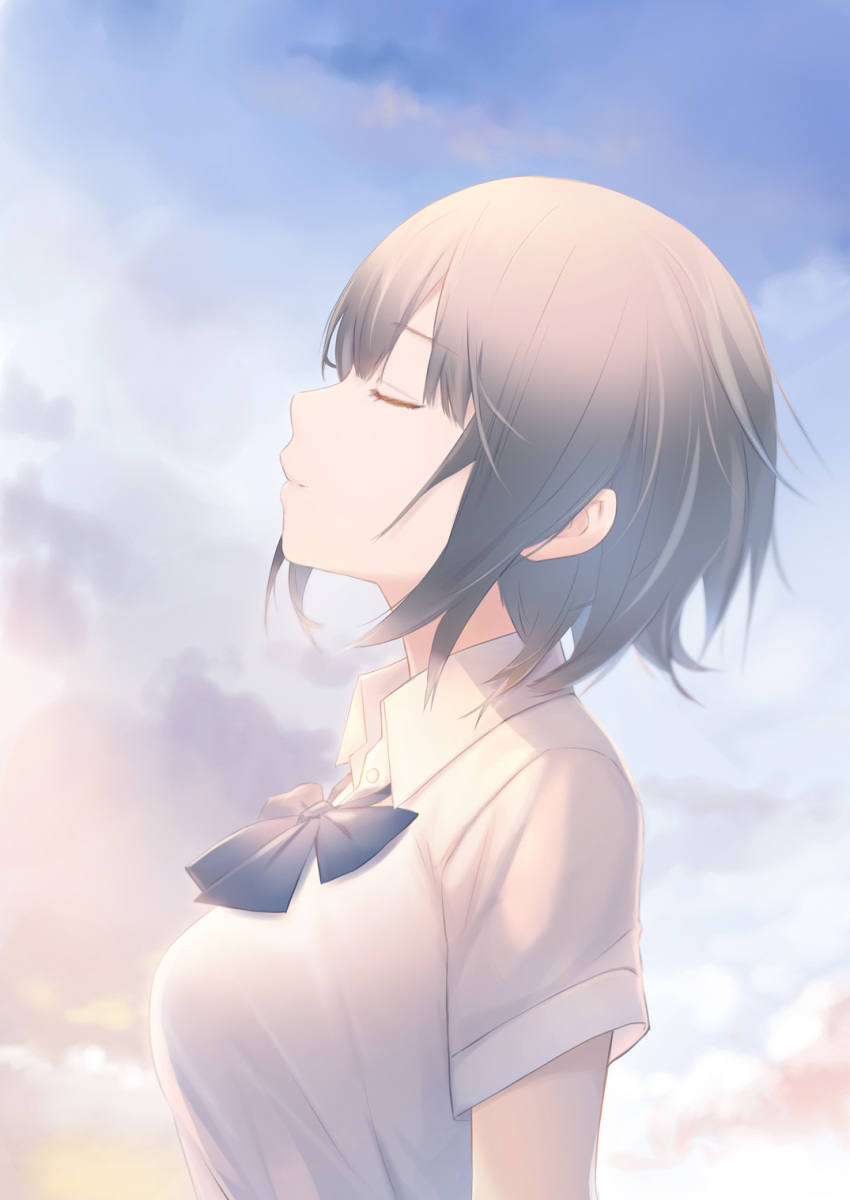 1girl aoyama_sumika bangs black_hair blue_bow bow closed_eyes cloud coffee-kizoku day eyebrows_visible_through_hair highres medium_hair original outdoors profile shirt short_sleeves solo upper_body white_shirt