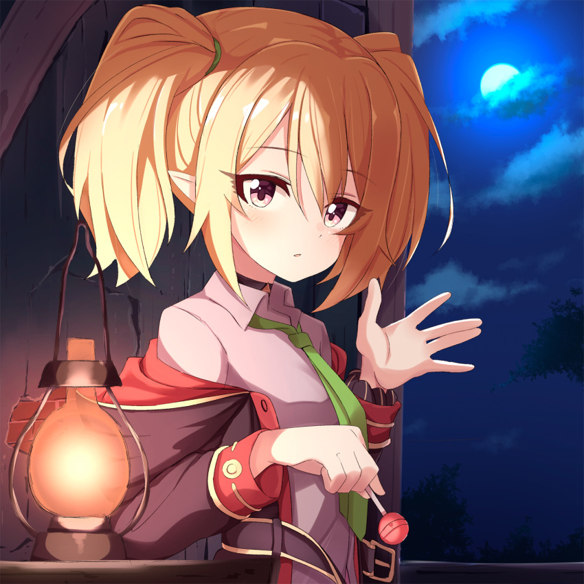 1girl ame. bangs black_jacket blonde_hair blush breasts brown_eyes candy chloe_(princess_connect!) cloud collared_shirt commentary_request eyebrows_visible_through_hair food full_moon green_neckwear grey_shirt hair_between_eyes hand_up highres holding holding_candy holding_food holding_lollipop hood hood_down hooded_jacket jacket lantern lollipop long_sleeves looking_at_viewer moon necktie night night_sky off_shoulder open_clothes open_jacket parted_lips princess_connect! princess_connect!_re:dive shirt sky small_breasts solo twintails upper_body