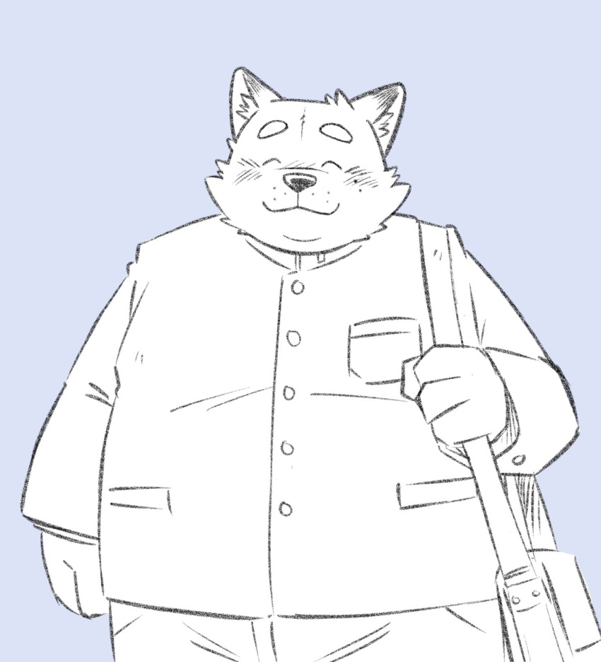 2020 anthro bottomwear canid canine canis clothing domestic_dog eyes_closed hi_res kemono male mammal mind_drive mizuse_higomaru overweight overweight_anthro overweight_male pants shirt simple_background solo topwear