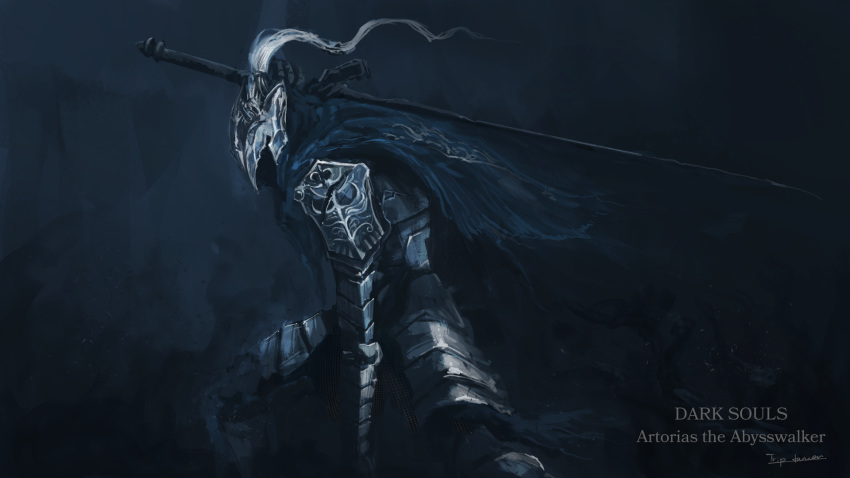 1boy armor artist_name artorias_the_abysswalker broken broken_sword broken_weapon cape character_name commentary copyright_name dark_souls full_armor gauntlets helmet highres holding holding_sword holding_weapon knight leaning_forward male_focus over_shoulder pauldrons plume shoulder_armor solo souls_(from_software) standing sword tripdancer weapon weapon_over_shoulder