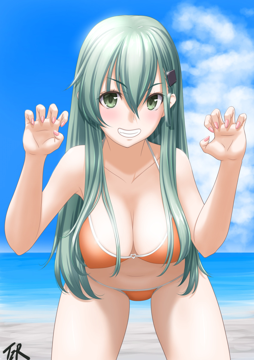 1girl aqua_eyes aqua_hair artist_name beach bikini blue_sky breasts claw_pose cleavage cloud commentary_request cowboy_shot curled_fingers day grin hair_ornament hairclip highres horizon kantai_collection large_breasts leaning_forward long_hair ocean orange_bikini outdoors sky smile solo suzuya_(kantai_collection) swimsuit t2r