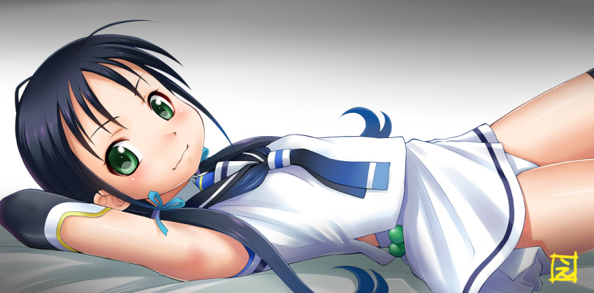 1girl black_hair blue_hair closed_mouth ebifly elbow_gloves from_side gloves gradient gradient_background gradient_hair green_eyes grey_background kantai_collection looking_at_viewer looking_to_the_side lying multicolored_hair on_back shirt signature skirt smile solo suzukaze_(kantai_collection) white_shirt white_skirt