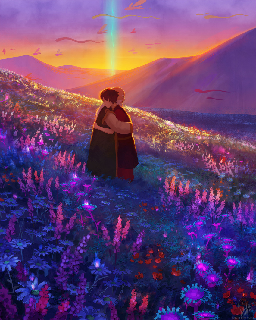 2boys avatar_(series) balding beard bioluminescence burn_scar devin_elle_kurtz facial_hair field flower grey_hair hair_bun highres hug iroh long_beard long_hair mountainous_horizon multiple_boys purple_sky scar standing sunrise the_legend_of_korra uncle_and_nephew zuko