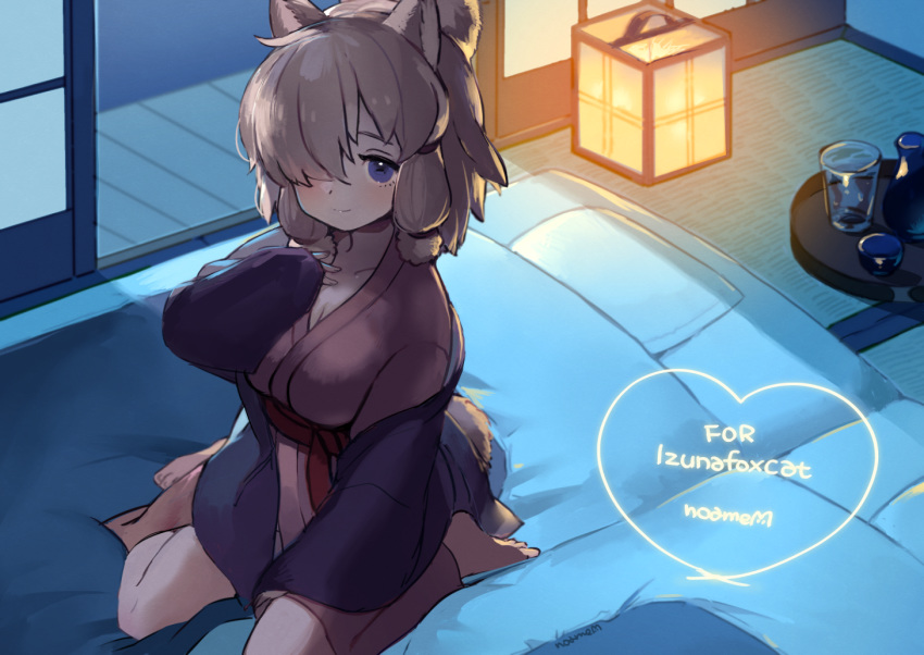 1girl alpaca_ears alpaca_girl alpaca_suri_(kemono_friends) alpaca_tail animal_ears bare_legs barefoot blue_eyes blush commission eyebrows_visible_through_hair futon hair_over_one_eye hair_tubes hairband ichi001 japanese_clothes kemono_friends kimono kneeling night short_hair solo tail white_hair yukata