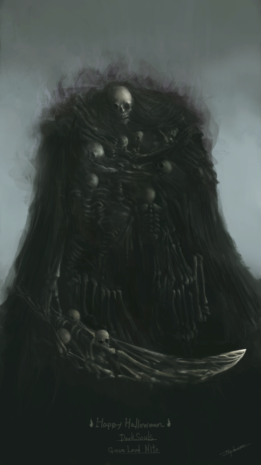 absurdres commentary_request creature dark dark_souls facing_viewer gravelord_nito highres holding holding_sword holding_weapon monster no_humans signature skeleton skull solo souls_(from_software) sword tripdancer weapon
