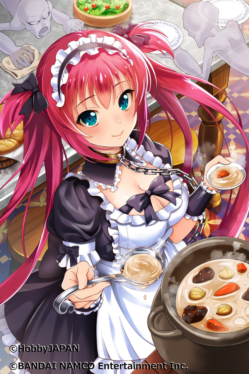 1girl absurdres airi_(queen's_blade) apron artist_request bangs black_bow black_dress black_ribbon blue_eyes bow bowtie breasts chain cleavage cleavage_cutout closed_mouth clothing_cutout collar company_connection cooking dress eyebrows_visible_through_hair food frilled_dress frilled_sleeves frills from_above ghost hair_ribbon hands_up highres holding indoors long_hair looking_at_viewer maid maid_apron maid_headdress medium_breasts official_art pleated_dress pot puffy_short_sleeves puffy_sleeves queen's_blade queen's_blade_unlimited queen's_blade_white_triangle red_hair ribbon sash short_dress short_sleeves sidelocks smile solo soup soup_ladle standing straight_hair table twintails two_side_up white_apron white_sash wrist_cuffs