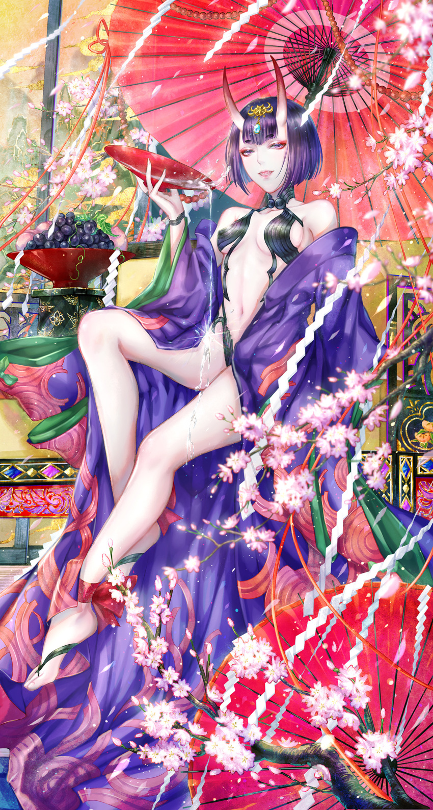 1girl alcohol ankle_ribbon bangs bare_shoulders barefoot_sandals bob_cut breasts bridal_gauntlets collarbone cup eyeliner fate/grand_order fate_(series) food fruit fruit_bowl grapes headpiece highres horns japanese_clothes kimono legs long_sleeves looking_at_viewer makeup navel off_shoulder oni oni_horns open_clothes open_kimono oriental_umbrella parted_lips peach pouring purple_eyes purple_hair purple_kimono red_ribbon revealing_clothes ribbon sakazuki sake short_hair shuten_douji_(fate/grand_order) skin-covered_horns small_breasts umbrella wide_sleeves yan_chunqui