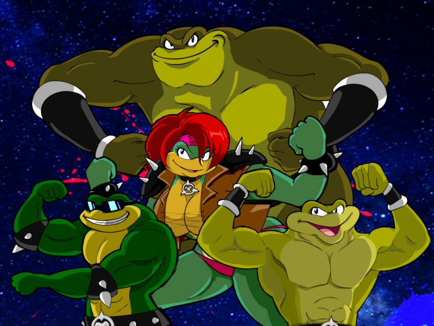 amphibian anonymous_artist anthro battletoads belt blista_(anon) clothing eyewear fan_character female frog group male muscular muscular_female muscular_male pimple_(battletoads) rareware rash_(battletoads) sunglasses toad_(frog) topless_male topwear vest video_games zitz_(battletoads)