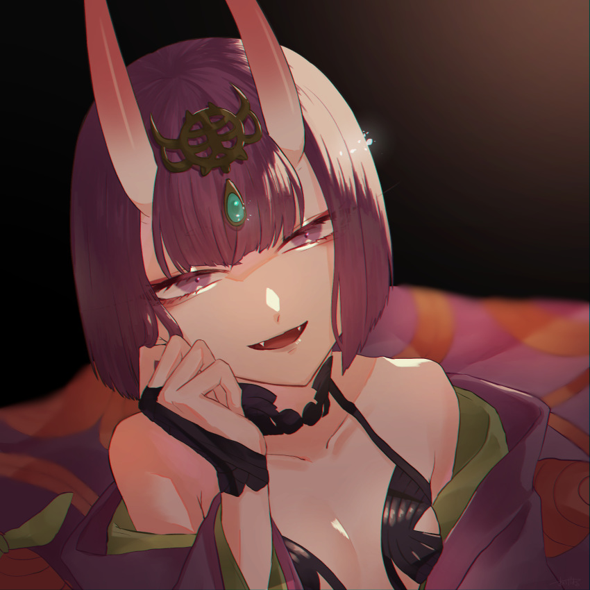 1girl absurdres ageharuuu bangs bare_shoulders black_background bob_cut breasts collarbone eyeliner fangs fate/grand_order fate_(series) headpiece highres horns japanese_clothes kimono long_sleeves looking_at_viewer makeup off_shoulder oni oni_horns open_mouth purple_eyes purple_hair purple_kimono revealing_clothes short_hair shuten_douji_(fate/grand_order) skin-covered_horns small_breasts smile wide_sleeves