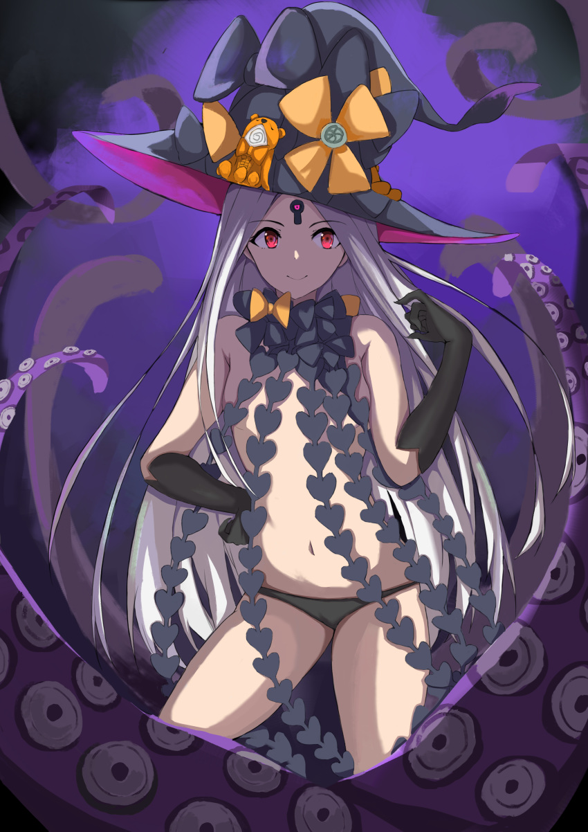 1girl abigail_williams_(fate/grand_order) absurdres blonde_hair bow breasts eyebrows_visible_through_hair fate/grand_order fate_(series) hat highres keyhole lackerlin long_hair looking_at_viewer orange_bow panties purple_bow purple_eyes purple_headwear purple_legwear red_eyes revealing_clothes small_breasts smile stuffed_animal stuffed_toy teddy_bear tentacles thighhighs underwear very_long_hair