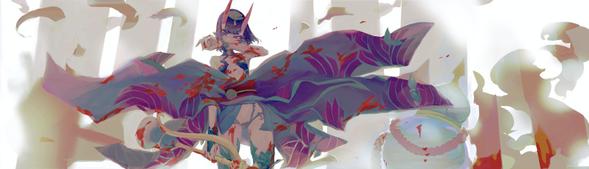 1girl backlighting bangs bare_shoulders blood blood_on_face bloody_clothes bob_cut breasts bridal_gauntlets collarbone eyeliner fate/grand_order fate_(series) headpiece highres horns japanese_clothes kimono long_sleeves looking_at_viewer makeup obi off_shoulder oni oni_horns pointy_ears purple_eyes purple_hair purple_kimono revealing_clothes sash short_hair shuten_douji_(fate/grand_order) skin-covered_horns small_breasts sword taitaip thighs weapon wide_sleeves