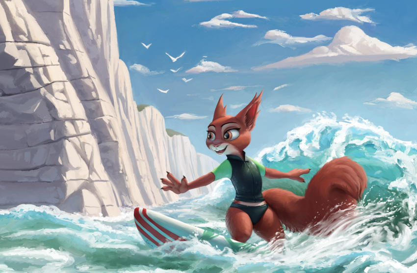 2020 ambient_bird anthro avian bird blue_sky buckteeth cliff clothed clothing cloud countershading ear_tuft female fur hi_res inner_ear_fluff mammal midriff open_mouth open_smile orange_eyes outside qalcove_(character) red_body red_fur rodent s1m sciurid sea sky smile solo surfboard surfing swimwear teeth tuft vehicle water watercraft wave wet white_body white_countershading white_fur