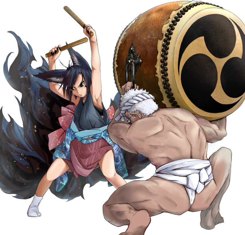 1boy 1girl animal_ears armpits black_bra black_hair black_nails black_sclera bra doitsuken facial_mark fingernails fox_ears fox_tail fundoshi glasses green_eyes hands_up highres holding husband_and_wife instrument instrument_request japanese_clothes kitsune kitsune_spirit_(doitsuken) legs_apart mitsudomoe_(shape) multiple_tails music nail_polish original parted_lips playing_instrument short_hair simple_background squatting tabi tail tomoe_(symbol) underwear white_background white_hair white_legwear