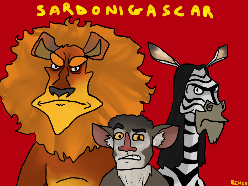 afro alakay_alex alternate_species angry anthro aye-aye big_ears black_hair black_nose black_stripes casual_nudity dreamworks equid equine eyebrows felid frown fur furrification golden_mane grey_body grey_fur group hair i_hate_everything lemur lion long_hair madagascar_(series) male mammal marty_the_zebra maurice nude pantherine primate raised_eyebrow ralphthemoviemaker red_background renko sardonicast simple_background skinny slim snout strepsirrhine stripes teeth_showing text topless_male white_stripes yellow_body yellow_eyes yellow_fur yellow_text your_movie_sucks youtube zebra