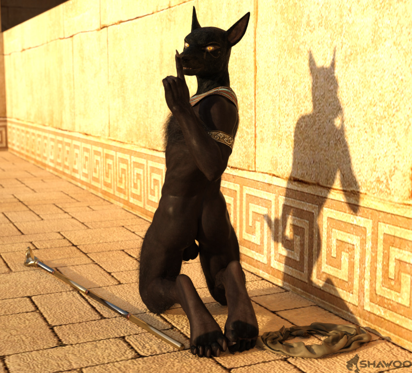 3d_(artwork) anthro anubian_jackal balls black_body black_fur black_skin canid canine canis clothing digital_media_(artwork) egyptian_mythology fur genitals hi_res jackal male mammal middle_eastern_mythology mythology pawpads paws shadow shawoo solo teasing yellow_eyes