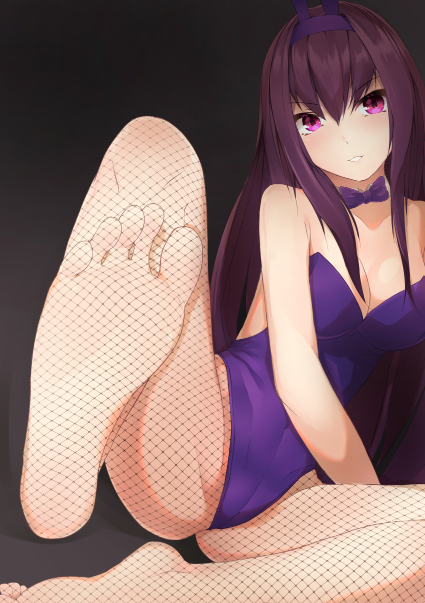 1girl absurdres bare_arms bare_shoulders breasts bunny_hair_ornament bunnysuit cleavage collarbone commentary_request detached_collar eyebrows_visible_through_hair eyelashes fate/grand_order fate_(series) feet fishnet_legwear fishnets full_body gradient gradient_background greek_toe hair_between_eyes hair_ornament highres ju_yorimoto_(ranten_yume) long_hair looking_at_viewer medium_breasts no_shoes piercing_bunny pov_feet purple_eyes purple_hair purple_neckwear scathach_(fate)_(all) scathach_(fate/grand_order) shadow shiny shiny_hair sidelocks simple_background sitting skin_tight soles solo strapless toes