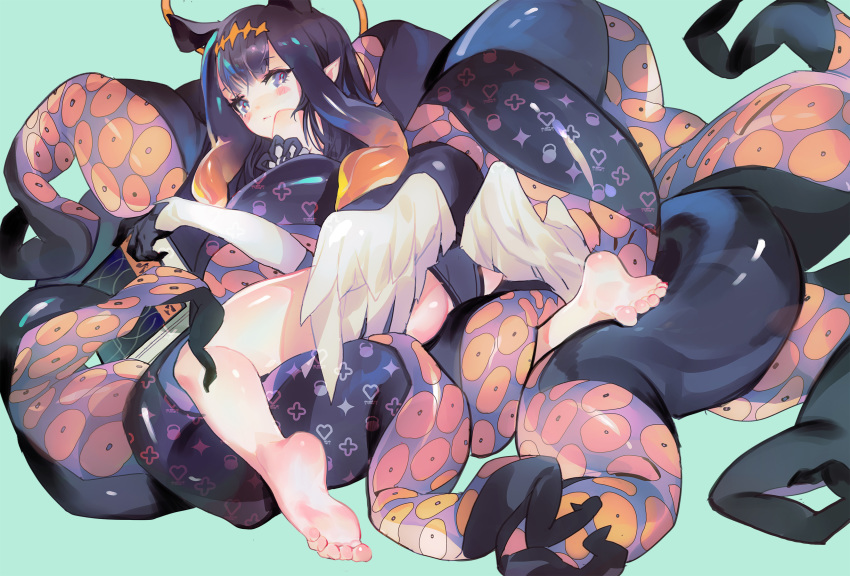 ass barefoot blush book gloves grandialee halo hololive long_hair ninomae_ina'nis pointed_ears purple_eyes purple_hair tentacles wings