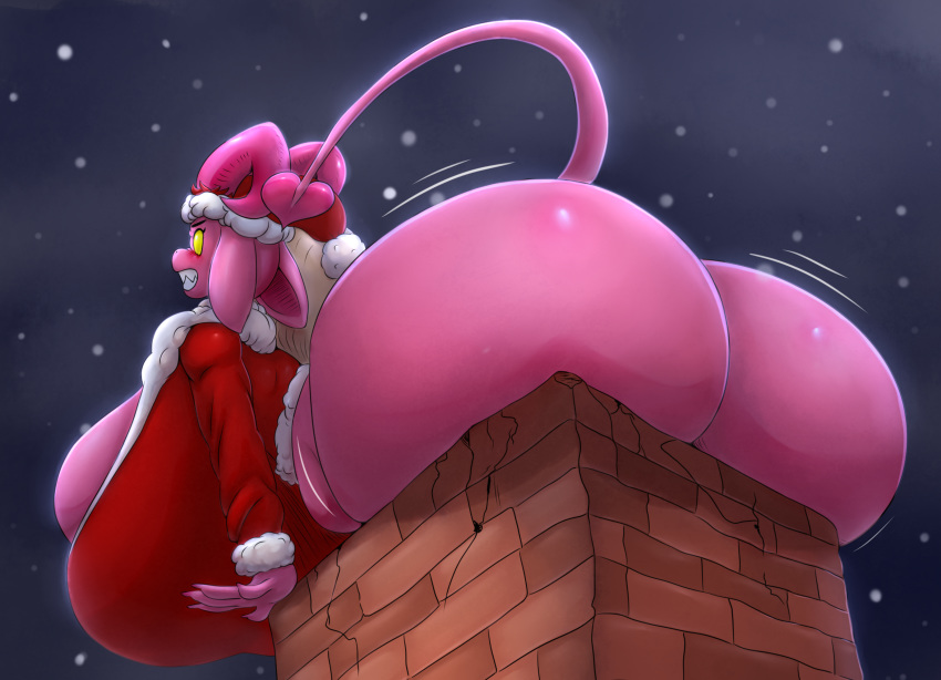 anthro big_breasts big_butt blush bottomless breasts butt chimney christmas clothed clothing cracked demon embarrassed female hat headgear headwear heart_tail hi_res holidays horn huge_breasts huge_butt hyper hyper_breasts hyper_butt hyperstorm_h imp milkbreaks pink_body pink_horn raised_tail santa_hat snow snowing solo stuck temp_the_imp topless