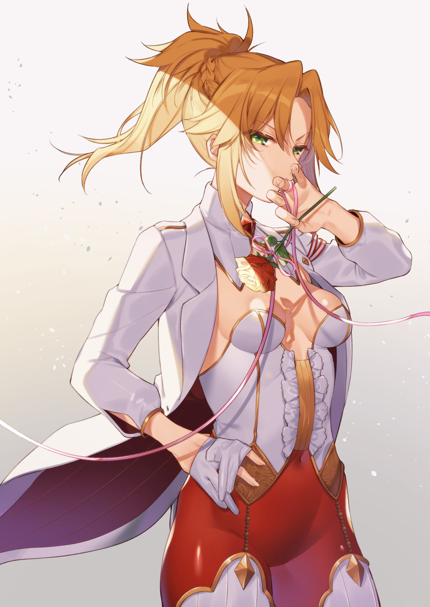 absurdres blonde_hair braid breasts citron_82 cleavage commentary_request covered_navel cowboy_shot eyebrows_visible_through_hair fate/apocrypha fate/grand_order fate_(series) flower gloves green_eyes grey_background hair_between_eyes highres jacket looking_at_viewer mordred_(fate) mordred_(fate)_(all) no_bra open_clothes open_jacket ponytail rose simple_background small_breasts standing thighhighs