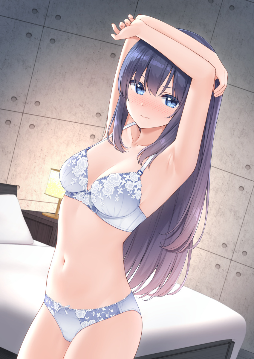 1girl 3: absurdres armpits arms_up bare_arms bare_shoulders bed bedroom black_hair blue_eyes blush bra breasts collarbone cowboy_shot embarrassed frown highres indoors karutamo lamp lingerie long_hair looking_at_viewer medium_breasts navel nose_blush original panties pillow rakugaki-chan solo stomach thighs underwear underwear_only v-shaped_eyebrows white_bra white_panties
