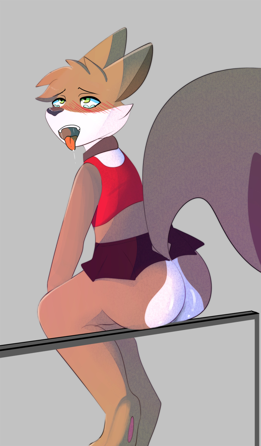 ahegao anthro bottomwear clothing foxy_flavored_cookie hi_res looking_pleasured male pose roxburyfox sitting skirt solo