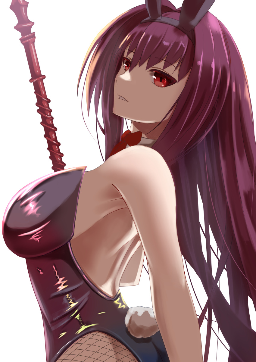 1girl absurdres animal_ears back bangs breasts bunny_ears bunny_tail bunnysuit detached_collar fake_animal_ears fate/grand_order fate_(series) fishnet_legwear fishnets gae_bolg hair_between_eyes highleg highleg_leotard highres large_breasts leotard li_zhu long_hair looking_at_viewer parted_lips polearm purple_hair purple_leotard red_eyes scathach_(fate)_(all) scathach_(fate/grand_order) simple_background spear tail weapon white_background wrist_cuffs