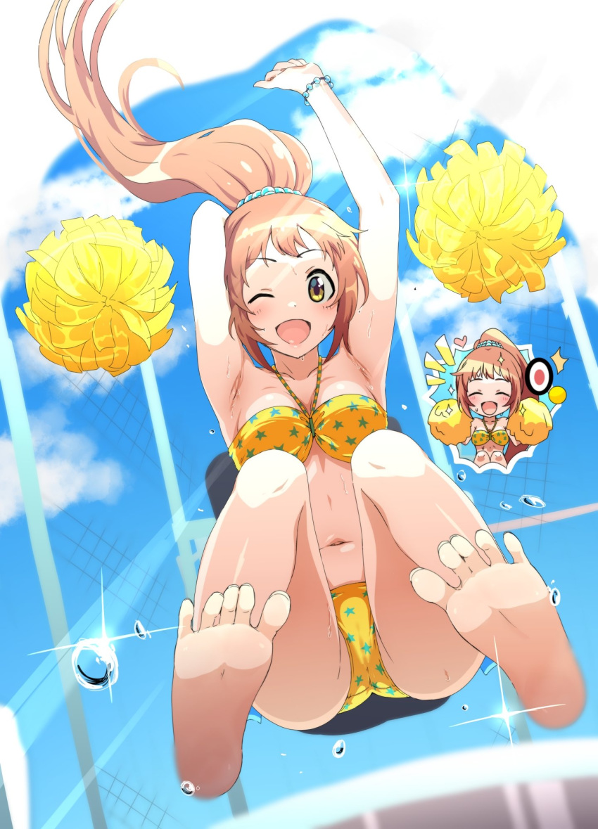 1girl barefoot bikini bracelet breasts brown_eyes brown_hair chain-link_fence cleavage commentary_request dunk_tank falling fence highres idolmaster idolmaster_cinderella_girls jewelry long_hair medium_breasts navel pom_poms ponytail solo star_(symbol) star_print swimsuit wakabayashi_tomoka wasabi_(wasalongt) yellow_bikini