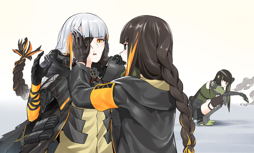 3girls absurdres black_gloves black_jacket braid braided_ponytail brown_eyes brown_hair dark_persona dual_persona eyebrows_visible_through_hair eyepatch girls_frontline gloves hand_on_own_face highres jacket looking_at_another m16a1_(girls_frontline) m16a1_(girls_frontline)_(boss) m4a1_(girls_frontline) multicolored_hair multiple_girls open_mouth orange_eyes rivet_vvrn silver_hair simple_background sitting standing talking