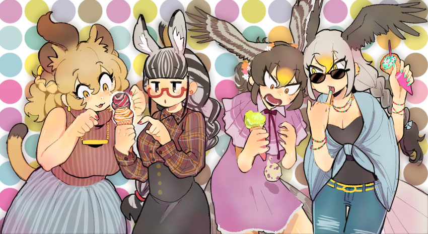 4girls ahoge alternate_costume alternate_hairstyle animal_ears bald_eagle_(kemono_friends) bangs bare_arms bare_shoulders bespectacled bird_tail bird_wings black_hair blonde_hair blunt_bangs braid brown_hair buttons casual cat_girl collared_shirt commentary_request constricted_pupils contemporary denim dress eyebrows_visible_through_hair failure fang finger_licking fingernails flower food french_braid glasses green_nails grey_hair hair_between_eyes hair_flower hair_ornament hands_up head_wings high-waist_skirt highres holding holding_food ice_cream ice_cream_cone igarashi_(nogiheta) jeans kemono_friends licking light_brown_hair lion_(kemono_friends) lion_ears lion_girl lion_tail long_hair long_sleeves looking_at_another looking_down medium_hair multicolored_hair multiple_girls nail_polish northern_goshawk_(kemono_friends) open_mouth orange_eyes orange_hair pants parted_lips plaid plaid_shirt plains_zebra_(kemono_friends) purple_nails red-framed_eyewear red_nails semi-rimless_eyewear shirt short_dress single_braid skirt sleeveless sleeveless_sweater sleeveless_turtleneck smile sweater tail tareme tongue tongue_out tsurime turtleneck turtleneck_sweater two-tone_hair under-rim_eyewear very_long_hair wing_collar wings zebra_ears