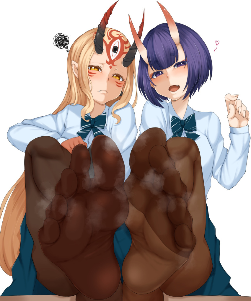 2girls bangs blonde_hair blue_skirt blush bob_cut breasts brown_legwear contemporary eyeliner facial_mark fang fang_out fate/grand_order fate_(series) feet forehead forehead_mark hair_pulled_back heart highres horns ibaraki_douji_(fate/grand_order) leg_up legs long_hair long_sleeves looking_at_viewer makeup multiple_girls oni oni_horns open_mouth pantyhose pointy_ears purple_eyes purple_hair shin_(rwkk8733) shirt short_hair shuten_douji_(fate/grand_order) skin-covered_horns skirt small_breasts smile soles squiggle tattoo toes white_shirt yellow_eyes