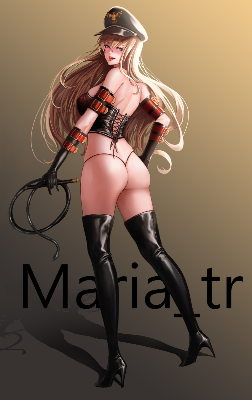 1girl absurdres arm_belt ass backboob black_gloves black_legwear blonde_hair blue_eyes boots breasts bustier butt_crack character_name dominatrix dungeon_and_fighter elbow_gloves female_gunner_(dungeon_and_fighter) g-string gloves gradient gradient_background hat high_heels highleg highleg_panties highres long_hair looking_back maria_tr mariatr panties peaked_cap riding_crop thigh_boots thighhighs thong tongue tongue_out underwear whip