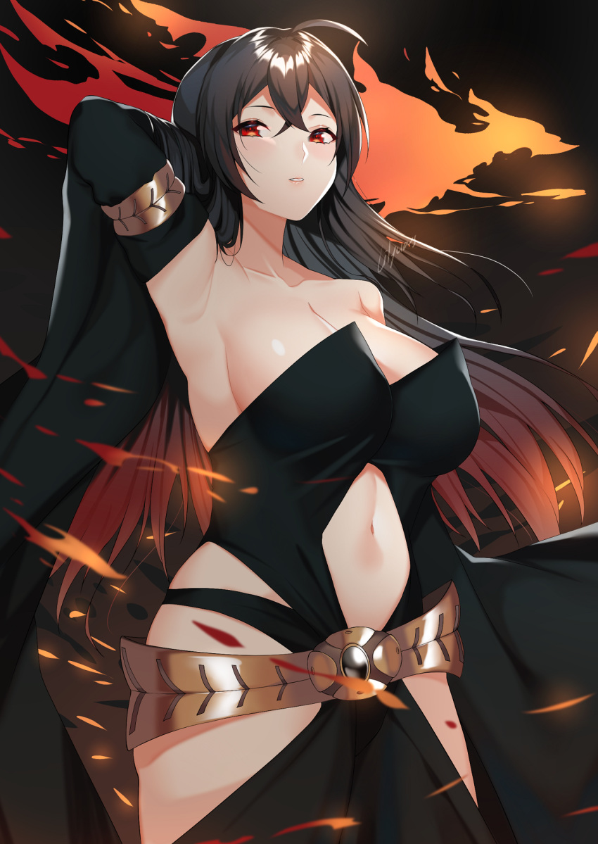1girl alternate_costume armpits azur_lane black_hair breasts cleavage closed_mouth collarbone eyebrows_visible_through_hair from_below gravity_daze hand_on_back highres large_breasts lilycious long_hair looking_at_viewer navel red_eyes solo taihou_(azur_lane)
