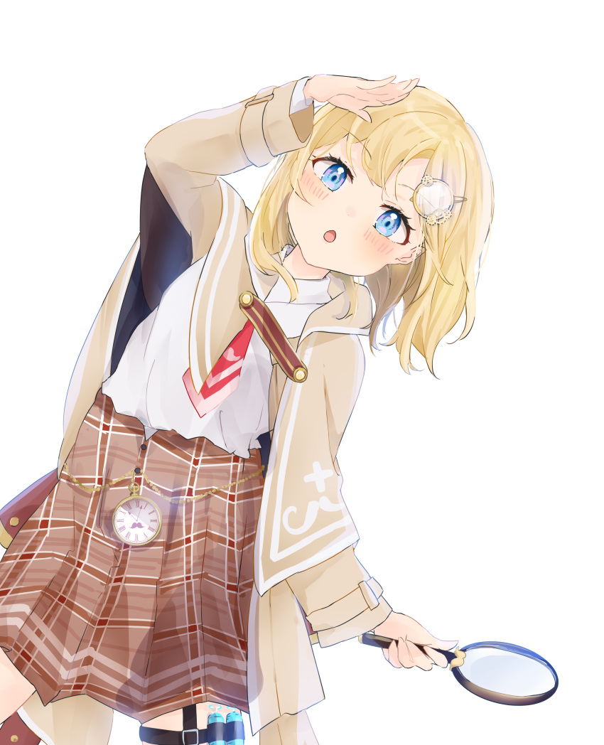 1girl absurdres blonde_hair blue_eyes blush breasts detective highres hololive holomyth looking_at_viewer magnifying_glass open_mouth red_neckwear shirt short_hair simple_background skirt solo virtual_youtuber watson_amelia white_shirt