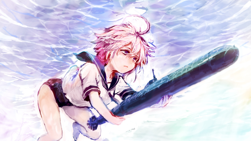 1girl ahoge bangs barefoot closed_mouth hair_between_eyes hair_ornament holding holding_torpedo i-58_(kantai_collection) kantai_collection one-piece_swimsuit pink_hair purple_eyes sailor_collar school_swimsuit short_hair short_sleeves solo sowamame swimsuit swimsuit_under_clothes torpedo underwater water