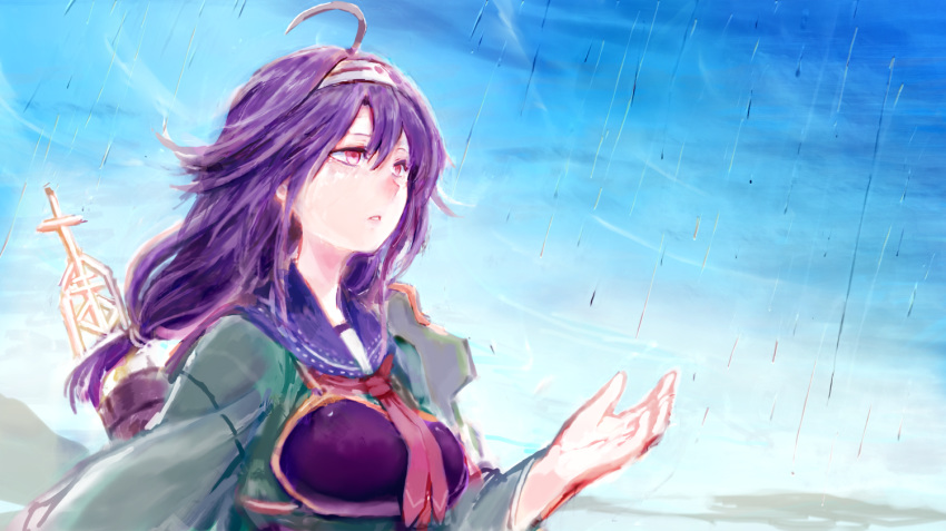 1girl ahoge blue_sailor_collar commentary_request day green_kimono hair_flaps hairband japanese_clothes kantai_collection kimono long_hair long_sleeves low-tied_long_hair muneate neckerchief outdoors parted_lips purple_hair quiver rain red_eyes red_neckwear rigging ryuuhou_(kantai_collection) sailor_collar solo sowamame taigei_(kantai_collection) upper_body