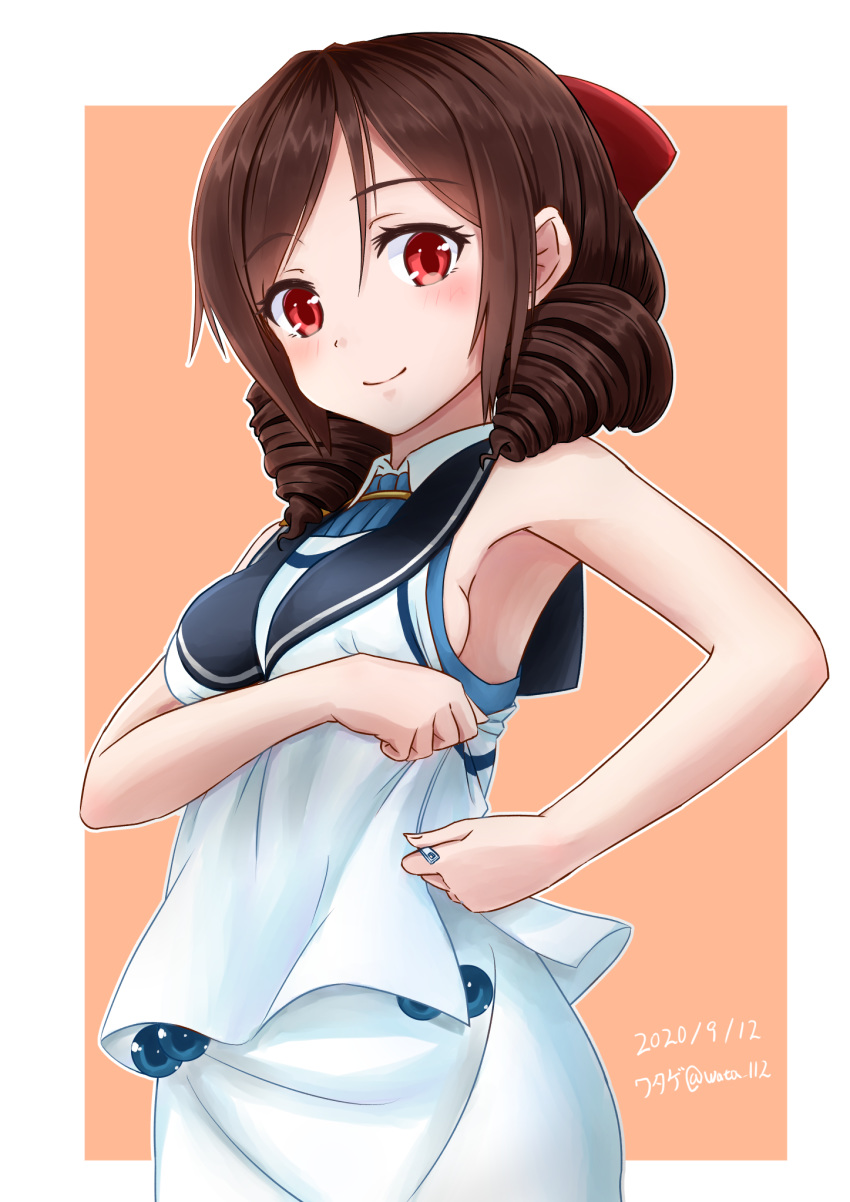 1girl alternate_costume border bow breasts brown_hair cosplay costume_switch dated dressing drill_hair hair_bow harukaze_(kantai_collection) highres kantai_collection neckerchief pink_background red_bow red_eyes sailor_collar samidare_(kantai_collection) samidare_(kantai_collection)_(cosplay) school_uniform serafuku shirt skirt sleeveless sleeveless_shirt small_breasts solo twin_drills twitter_username watage_(wata) white_border white_serafuku white_shirt white_skirt