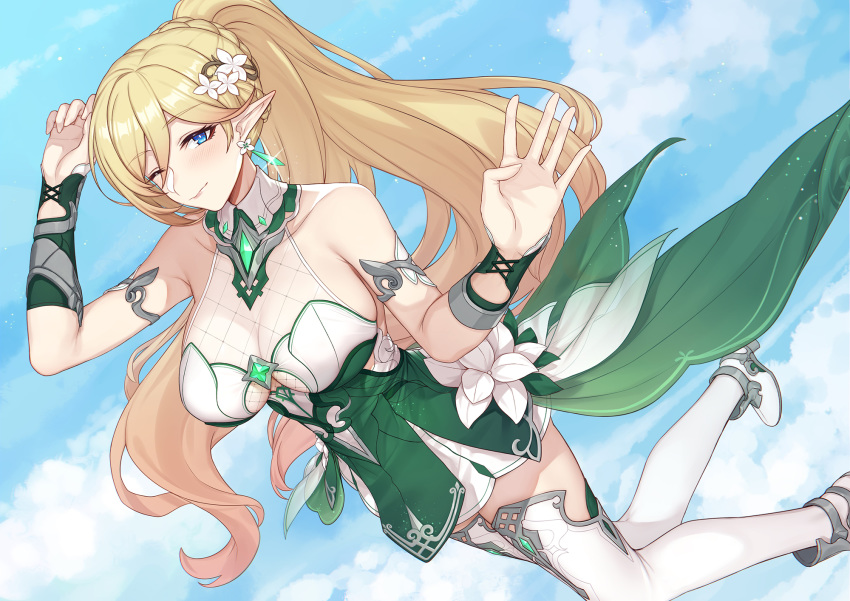 1girl bianka_durandal_ataegina blonde_hair breasts elf evan_yang highres honkai_(series) honkai_impact_3rd large_breasts long_hair looking_at_viewer official_art pointy_ears ponytail sky solo thighhighs white_legwear