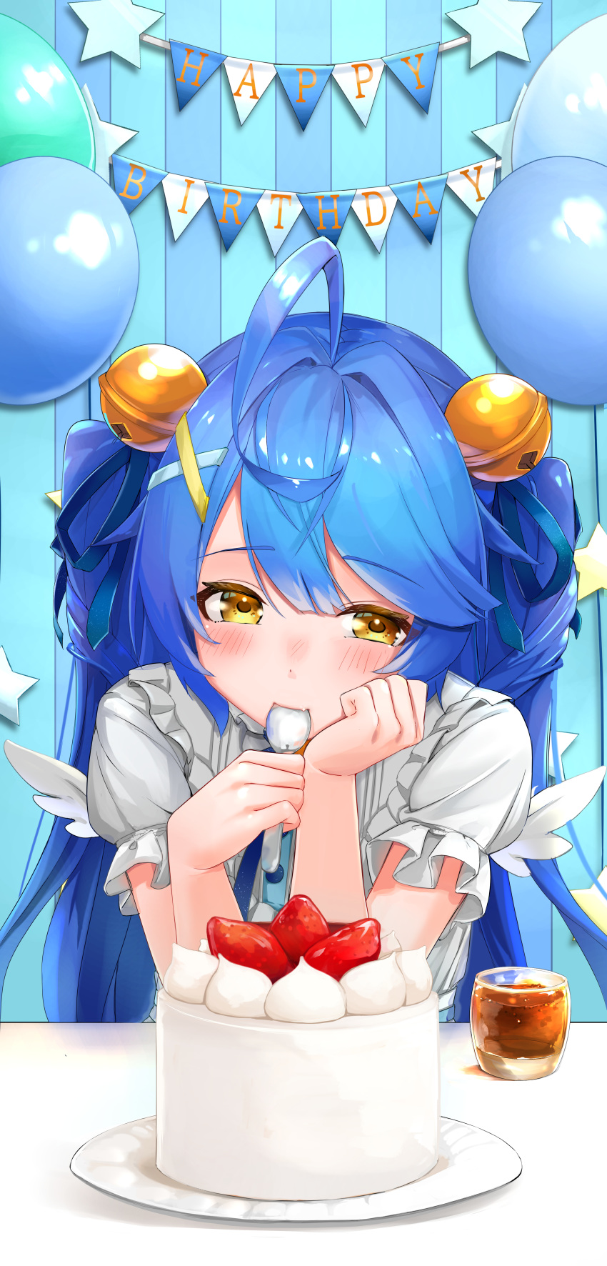 absurdres ahoge amamiya_kokoro bell blue_hair blush cake commentary_request cup drinking_glass food fruit hair_bell hair_between_eyes hair_ornament hairclip happy_birthday highres long_hair looking_at_viewer nijisanji pov shochiku spoon_in_mouth strawberry yellow_eyes