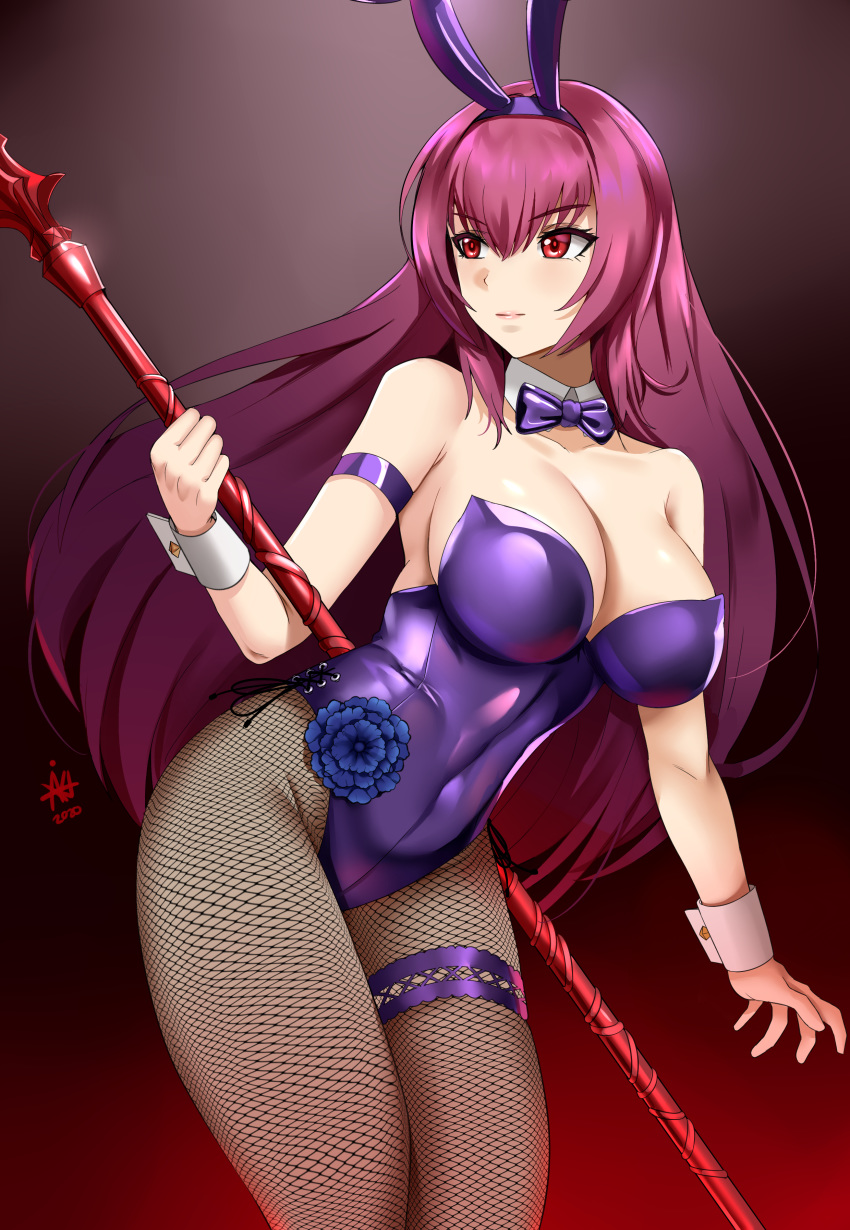 absurdres animal_ears bunny_ears bunny_girl bunnysuit detached_collar fake_animal_ears fate/grand_order fate_(series) fishnet_legwear fishnets flower gae_bolg highleg highleg_leotard highres holding holding_spear holding_weapon leg_garter leotard long_hair looking_to_the_side piercing_bunny polearm purple_flower purple_hair purple_leotard purple_rose red_eyes rose scathach_(fate)_(all) scathach_(fate/grand_order) spear strapless strapless_leotard weapon wrist_cuffs xkit