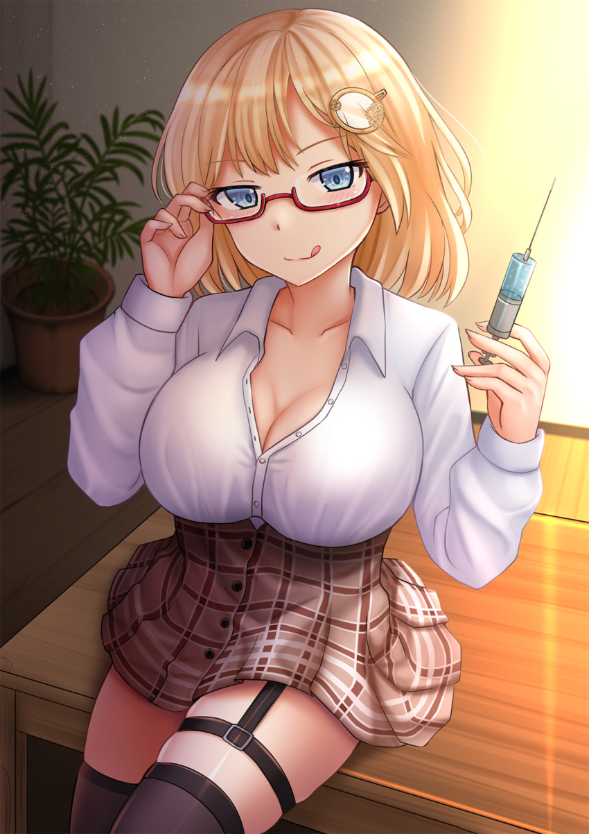 1girl bangs black_legwear blonde_hair blue_eyes blush breasts brown_skirt cleavage closed_mouth collarbone collared_shirt commentary english_commentary eyebrows_visible_through_hair glasses hair_ornament hairclip hand_on_eyewear high-waist_skirt highres holding holding_syringe hololive hololive_english kazenokaze large_breasts long_sleeves looking_at_viewer miniskirt on_table partially_unbuttoned plaid plaid_skirt plant potted_plant red-framed_eyewear semi-rimless_eyewear shirt short_hair sitting skirt smile solo syringe table thigh_strap thighhighs under-rim_eyewear watson_amelia white_shirt wooden_floor zettai_ryouiki