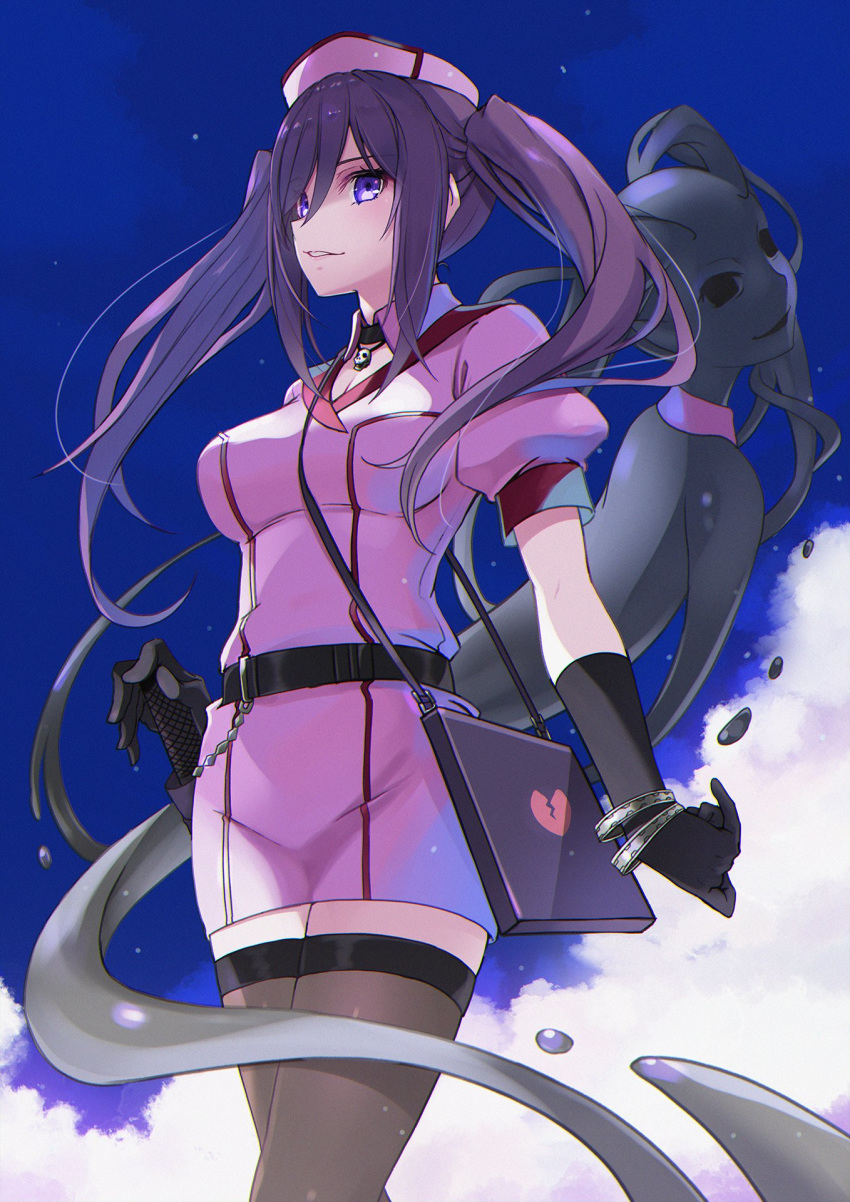 1girl bangle bangs belt black_gloves black_legwear bracelet breasts chain choker cloud cloudy_sky combat_knife day denken elbow_gloves feet_out_of_frame from_below gloves highres jewelry knife kouzaku_mitori long_hair looking_at_viewer medium_breasts notepad nurse outdoors puffy_short_sleeves puffy_sleeves purple_eyes sheath sheathed short_sleeves sidelocks skull_necklace sky solo standing swept_bangs thighhighs to_aru_kagaku_no_railgun to_aru_majutsu_no_index twintails weapon zettai_ryouiki