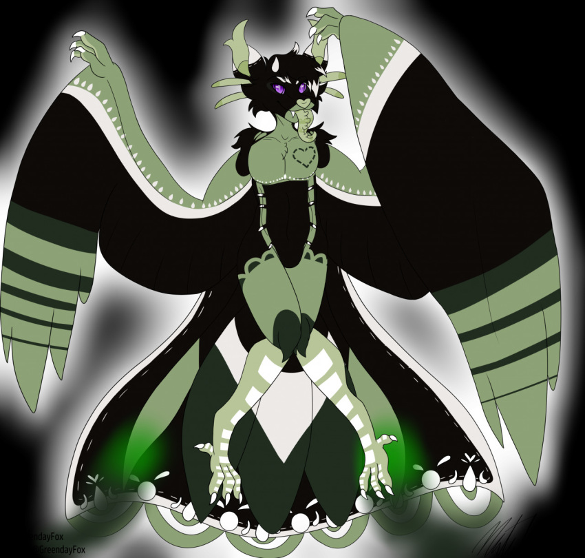 anthro black_body black_fur claws fangs fur green_body green_fur greendayfox hi_res male multicolored_body multicolored_fur purple_eyes simple_background solo tongue tongue_out white_body white_fur wings