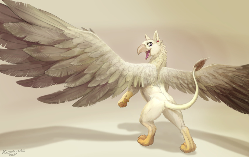 4_toes avian beak brown_body brown_feathers eyelashes feathered_wings feathers female feral gryphon hi_res kodardragon mythological_avian mythology open_mouth paws smile solo standing toes tongue white_body white_feathers wings