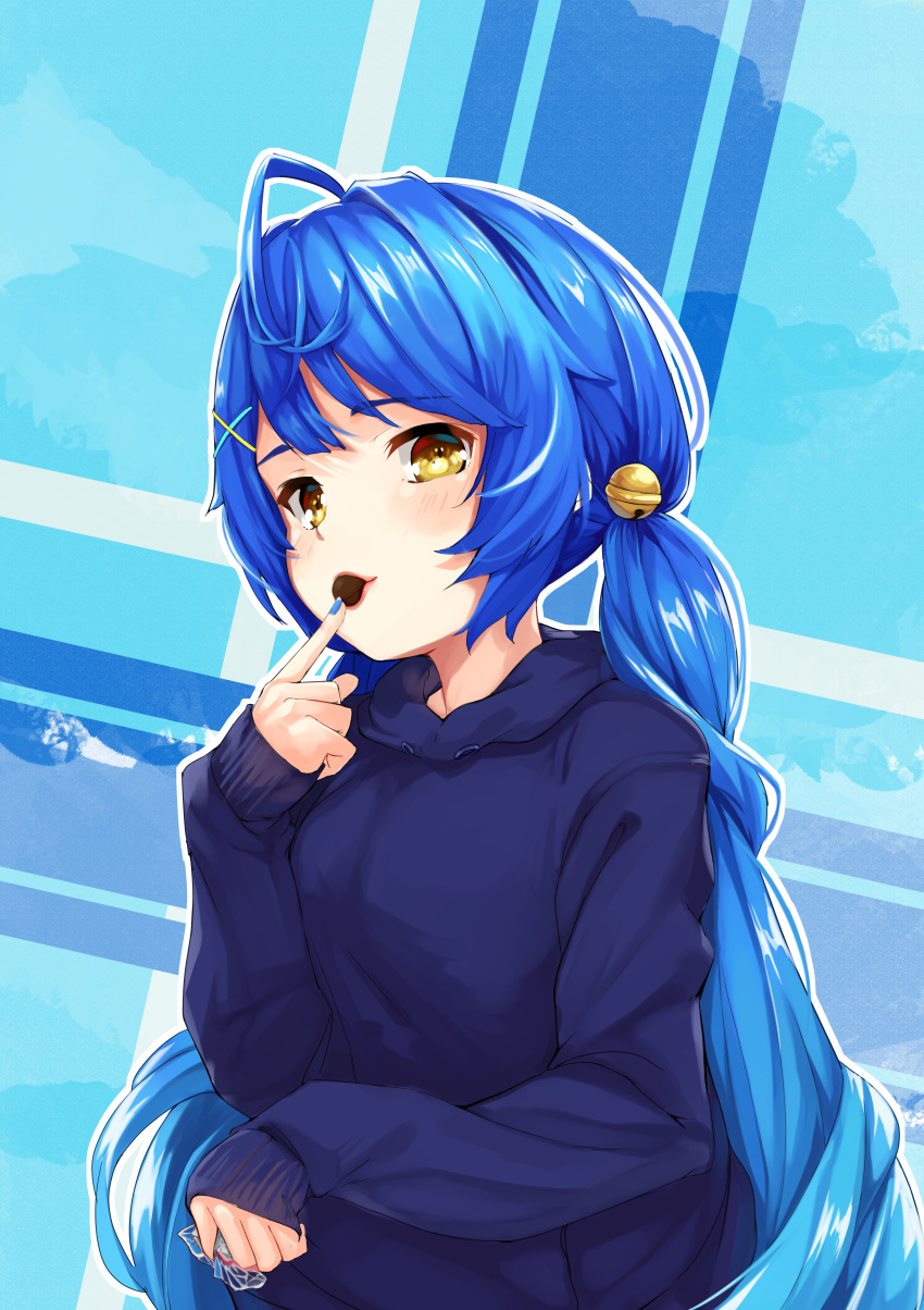 1girl absurdres ahoge alternate_costume alternate_hairstyle amamiya_kokoro blue_background chocolate fingernails food_in_mouth hair_ornament highres huge_filesize long_hair looking_at_viewer low_twintails nijisanji shochiku simple_background sweater twintails virtual_youtuber x_hair_ornament yellow_eyes