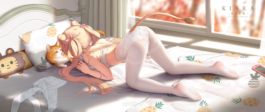 1girl absurdres animal_ears artist_name ass bare_arms bare_shoulders bigxixi bow bra breasts cat curtains day full_body hair_ribbon hair_rings highres indoors lion_ears lion_girl lion_tail medium_breasts nintendo_switch original panties panties_under_pantyhose pantyhose pillow pink_bow print_panties ribbon solo stuffed_animal stuffed_lion stuffed_toy tail top-down_bottom-up twintails underwear white_bra white_legwear window