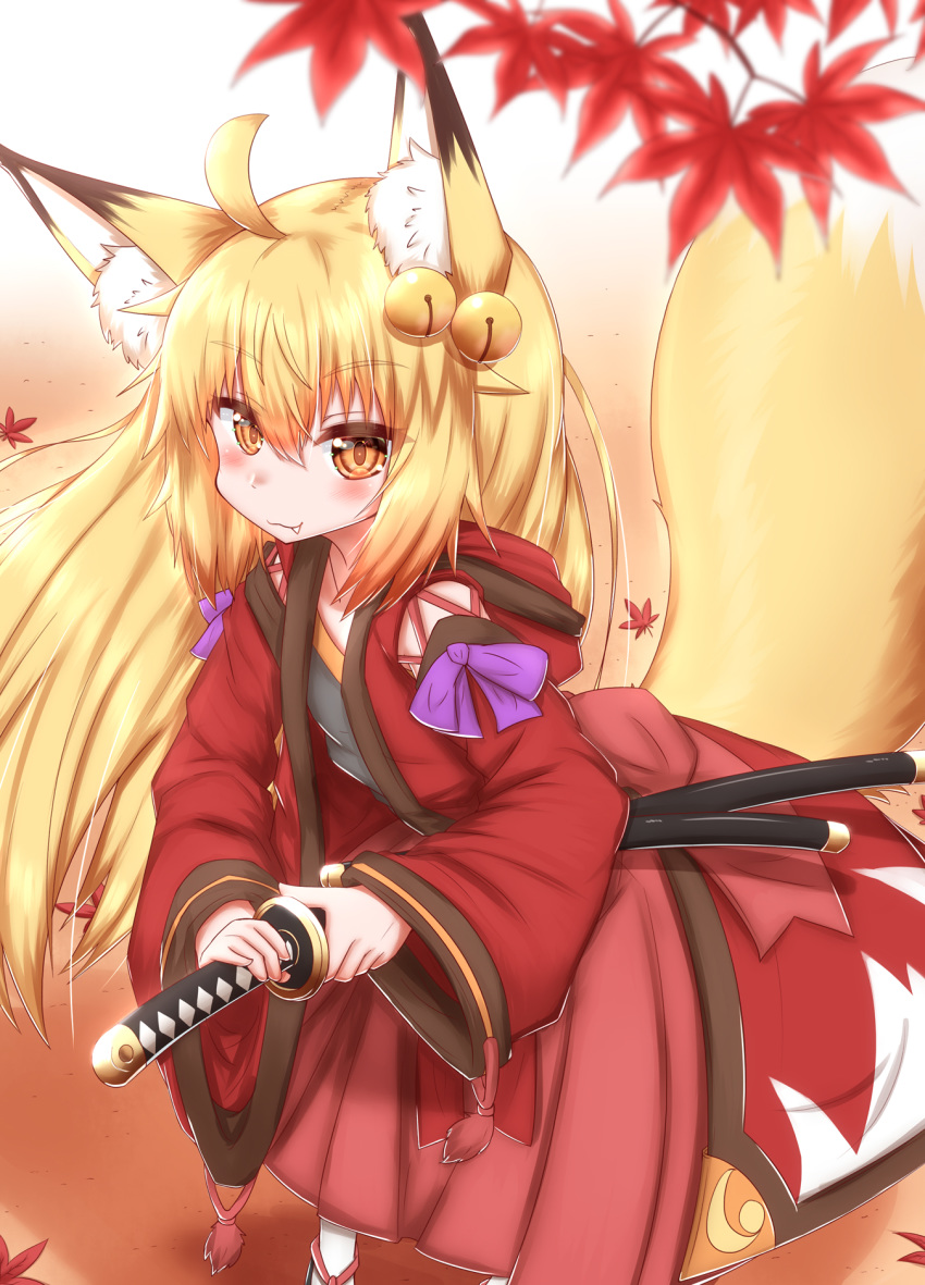 2020 5_fingers ahoge animal_humanoid asian_clothing autumn bell blonde_hair blush brown_body brown_fur canid canid_humanoid canine canine_humanoid clothed clothing cute_fangs dipstick_ears dipstick_tail east_asian_clothing female fingers footwear fox_humanoid full-length_portrait fur hair happy hi_res holding_object horokusa0519 humanoid inner_ear_fluff japanese_clothing jingle_bell katana leaf long_hair looking_at_viewer mammal mammal_humanoid melee_weapon multicolored_ears multicolored_tail plantigrade portrait pupils slit_pupils smile socks solo sword tuft weapon white_body white_fur yellow_body yellow_fur