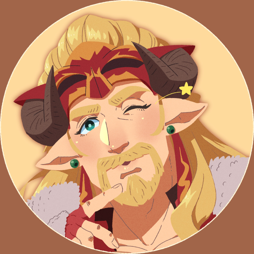 1boy blonde_hair close-up draph earrings face facial_hair finger_to_mouth fingernails gloves granblue_fantasy green_eyes highres horns jewelry ladiva long_hair one_eye_closed pointy_ears portrait smith_(ardp13) thick_eyebrows