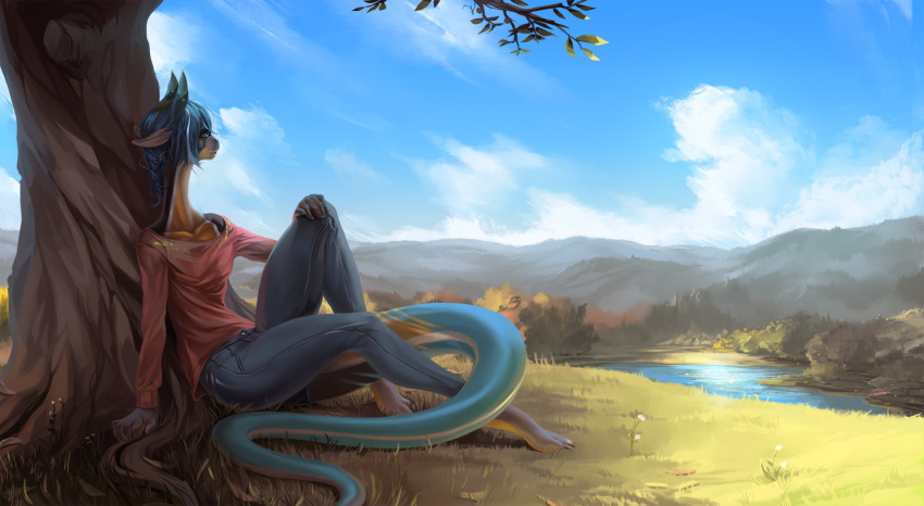 2020 4_ears against_tree anthro atmospheric_perspective barefoot biped blue_eyes blue_hair blue_sky bottomwear clothed clothing cloud day detailed_background digital_media_(artwork) dragon female fruitbloodmilkshake fully_clothed grass hair hand_on_knee hand_on_leg hi_res hill holding_knee jeans landscape long_neck looking_away multi_ear on_ground outside pants pond scalie scenery sitting sky solo thick_thighs tree